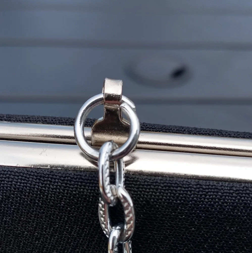 Vintage Black Evening Bag Purse, Silver Chain Strap, Hinged Opening, Clo… - Picture 9 of 13
